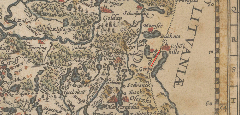 mieruniszki mapa historyczna Kaspar Hennenberger, Prvssiae regionis Sarmatiae Evropae nobiliss. vera et nova description, 1584. Mieruniszki opisane jako Merunske (podkreślone czerwoną linią)