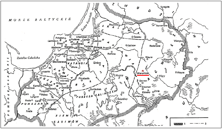 henryk lowmianski Henryk Łowmiański "Prusy pogańskie". Warszawa, 1935. Podział plemienny Prus w XIII wieku. Na obszarze Jaćwieży podkreślona nazwa Mieruniszki.