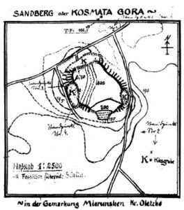Szkic sytuacyjny grodziska w Mieruniszkach autorstwa Carla Engela. Kartoteka Rudolfa Grenza. Prussia Museum-Archiv, PM-A 1372/1.