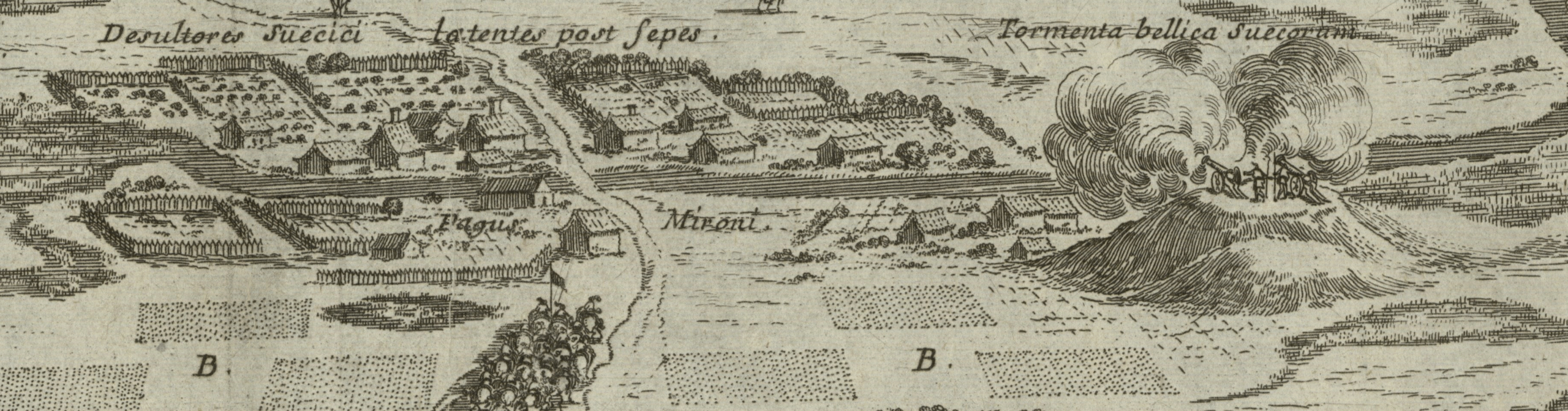 Centralna część grafiki Dahlberga. Mieruniszki zostały opisane jako „Pagus Mironi” (wieś Mironi). Uwagę zwraca brak kościoła (co potwierdza tezę o jego wcześniejszym spaleniu przez Tatarów) oraz umieszczenie szwedzkiej artylerii na jednym ze wzniesień w Mieruniszkach (Tormenta bellica Suecarum – Artyleria szwedzka). Centralna część grafiki Dahlberga. Mieruniszki zostały opisane jako „Pagus Mironi” (wieś Mironi). Uwagę zwraca brak kościoła (co potwierdza tezę o jego wcześniejszym spaleniu przez Tatarów) oraz umieszczenie szwedzkiej artylerii na jednym ze wzniesień w Mieruniszkach (Tormenta bellica Suecarum – Artyleria szwedzka).