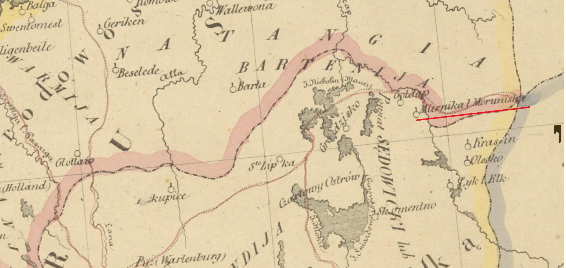 Jan Popłoński, Mapa Słowiańszczyzny lechickiej z wieku X–XII i Pruss z wieku X–XIII. Warszawa, 1862. Mieruniszki opisane jako Miernika / Morunisk(a). Jan Popłoński, Mapa Słowiańszczyzny lechickiej z wieku X–XII i Pruss z wieku X–XIII. Warszawa, 1862. Mieruniszki opisane jako Miernika / Morunisk(a).