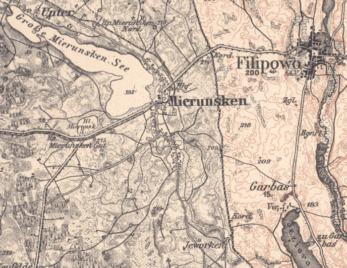 Mieruniszki na niemieckiej mapie sztabowej z 1888 roku (wydanie z 1915 r.)[1]