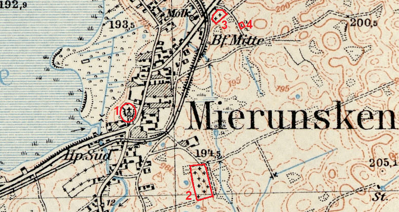Położenie czterech nekropolii w Mieruniszkach na niemieckiej mapie sztabowej z 1934 roku (Mierunsken, arkusz nr 18101). Położenie czterech nekropolii w Mieruniszkach na niemieckiej mapie sztabowej z 1934 roku (Mierunsken, arkusz nr 18101).